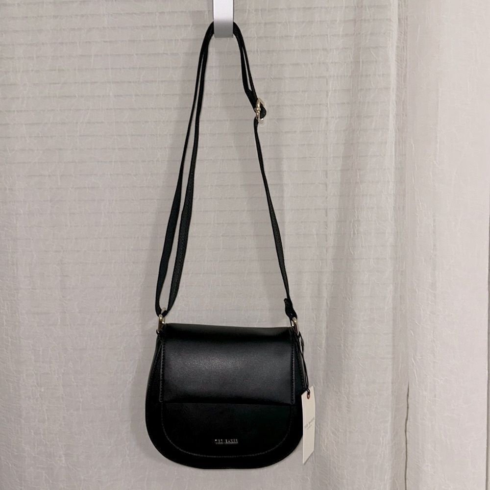 Ted Baker Darcell Black Faux Leather Gold Tone Logo Textured Grosgrain Strap Bag - Picture 1 of 16